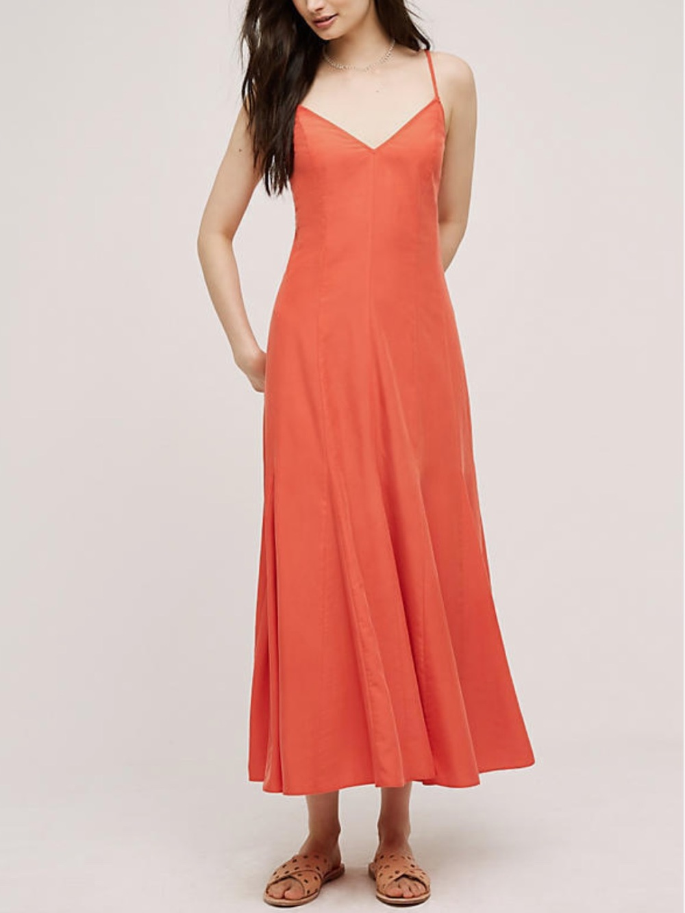 Anthro HD in Paris Sassafras Dress Coral Spaghetti-Strap Modal Maxi Dress Sz 4